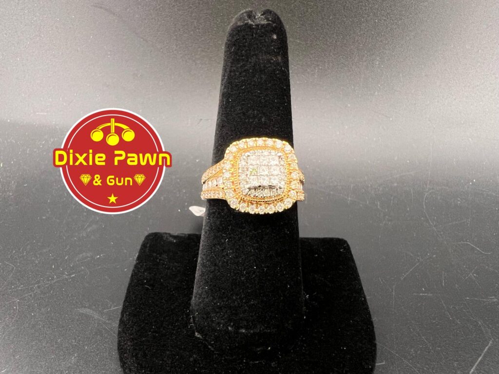 Dazzling diamond-encrusted ring available at Dixie Pawn with layaway options.