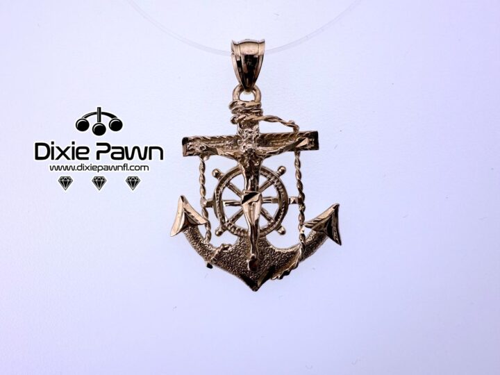 10K gold Jesus anchor pendant with intricate nautical details, featuring an anchor, ship’s wheel, and Jesus figure. Available at Dixie Pawn in Hollywood, FL