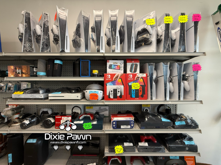 PS5, Nintendo Switch & Gaming Gear – Dixie Pawn Hollywood FL - Dixie Pawn & Jewelry PlayStation 5 consoles, Nintendo Switch OLED, VR headsets, and gaming accessories on display at Dixie Pawn in Hollywood, FL