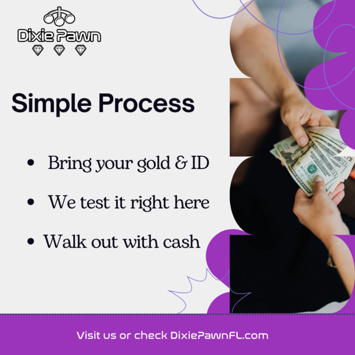 Dixie Pawn & Jewelry—simple gold buying process: bring ID, on-site testing, get paid on the spot in Hollywood, FL.