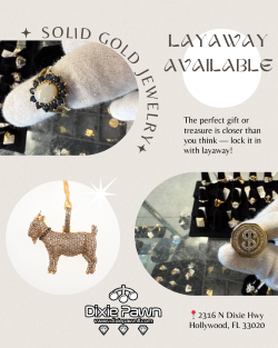 Solid gold jewelry including gemstone rings, pendants, and unique designs at Dixie Pawn & Jewelry in Hollywood, FL – layaway available.