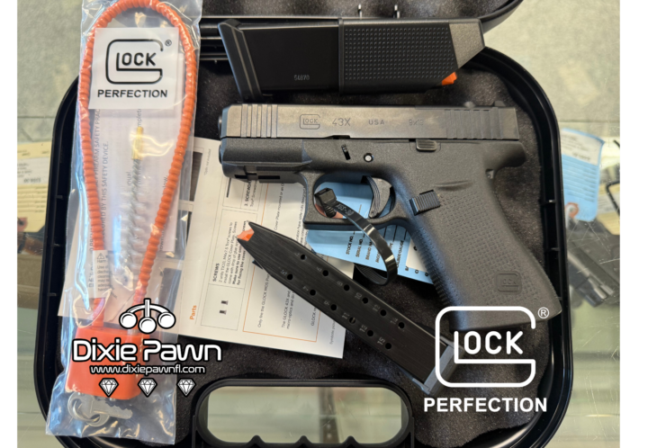 New in box Glock 43X 9mm with 15-round magazines and full kit at Dixie Pawn & Jewelry in Hollywood, FL