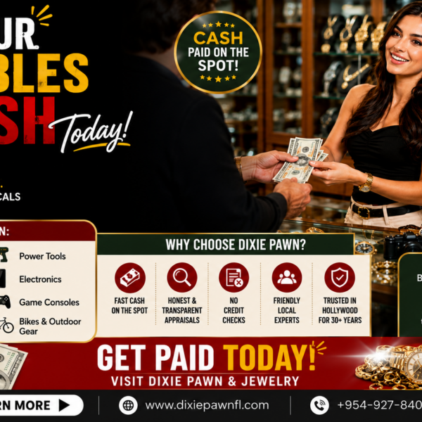 Woman exchanges cash with a buyer at a jewelry counter under a bold promo headline: Turn your valuables into cash today.
