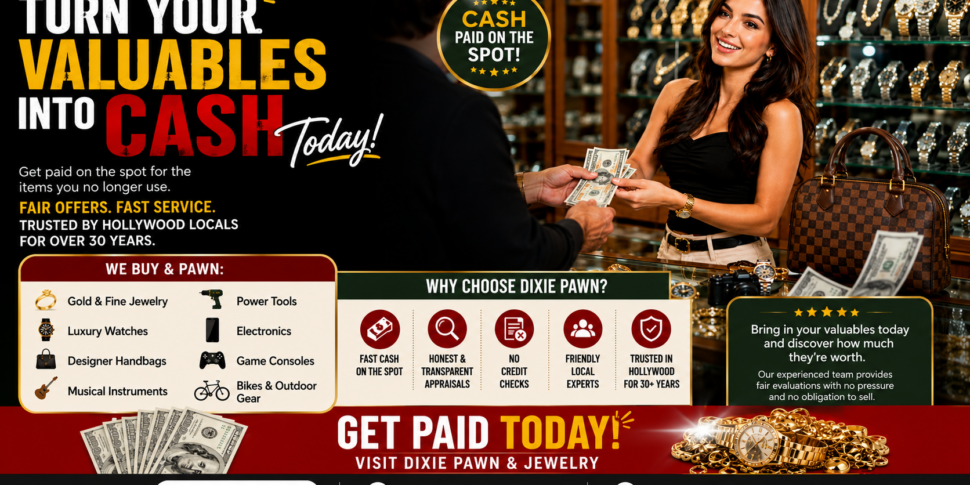 Woman exchanges cash with a buyer at a jewelry counter under a bold promo headline: Turn your valuables into cash today.