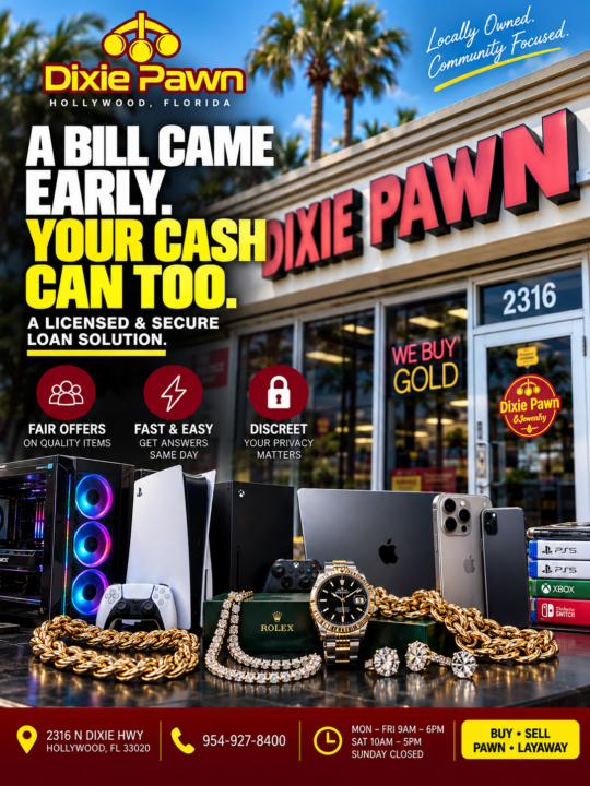 A bill came early dixie pawn flyer - Dixie Pawn & Jewelry Dixie Pawn Hollywood Florida pawn shop flyer featuring cash loans, buying and selling gold, electronics, jewelry, Rolex watches, gaming consoles, and layaway services at 2316 N Dixie Hwy.