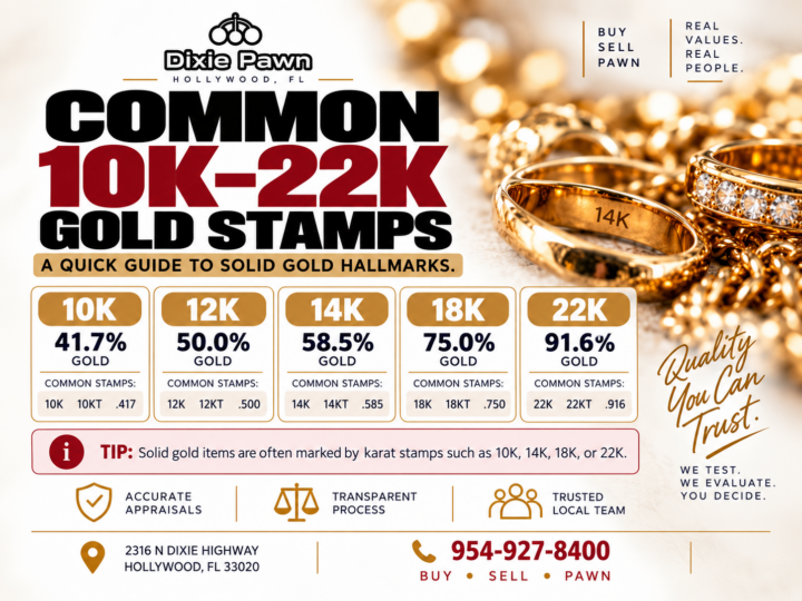 Guide to common 10K, 12K, 14K, 18K and 22K gold stamps and purity percentages from Dixie Pawn in Hollywood, Florida.