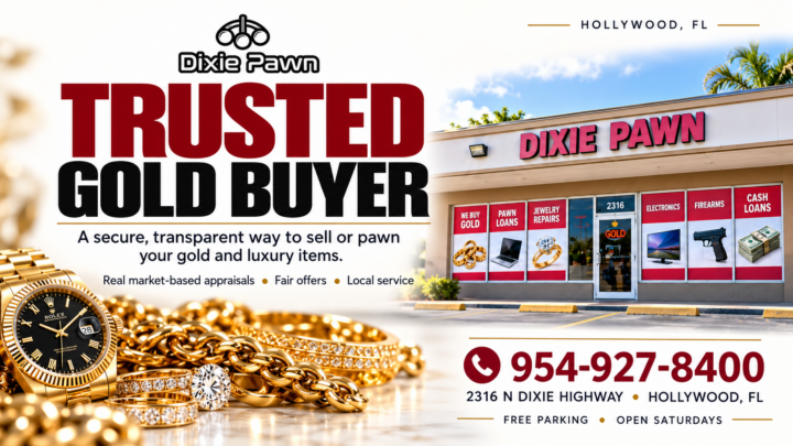 Dixie Pawn trusted gold buyer in Hollywood, Florida offering gold appraisals, fair offers, and pawn loans for gold and luxury items.